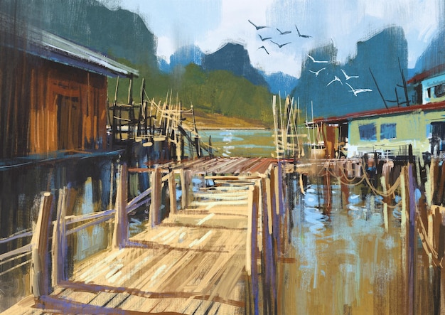pintura de paisaje de pueblo de pescadores en verano