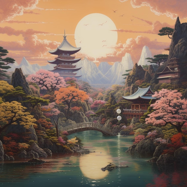 pintura de un paisaje con un puente y una pagoda en la distancia generativo ai