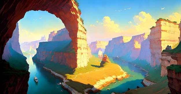 Una pintura de un paisaje con un puente en primer plano y un cielo azul con nubes.