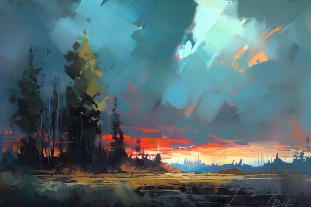 Una pintura de un paisaje con una puesta de sol de fondo.
