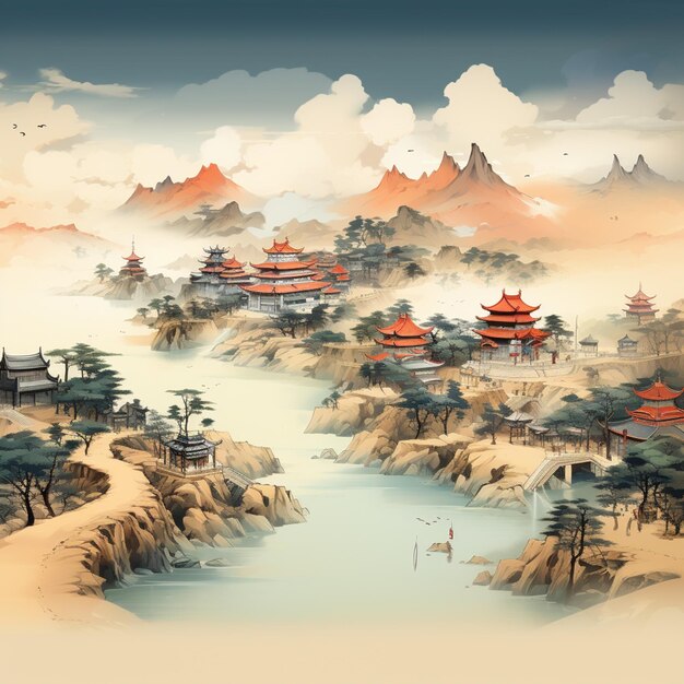 pintura de un paisaje con un río y montañas y una pagoda generativa ai