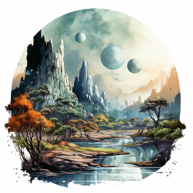 pintura de un paisaje con un río y planetas en el cielo generativo ai