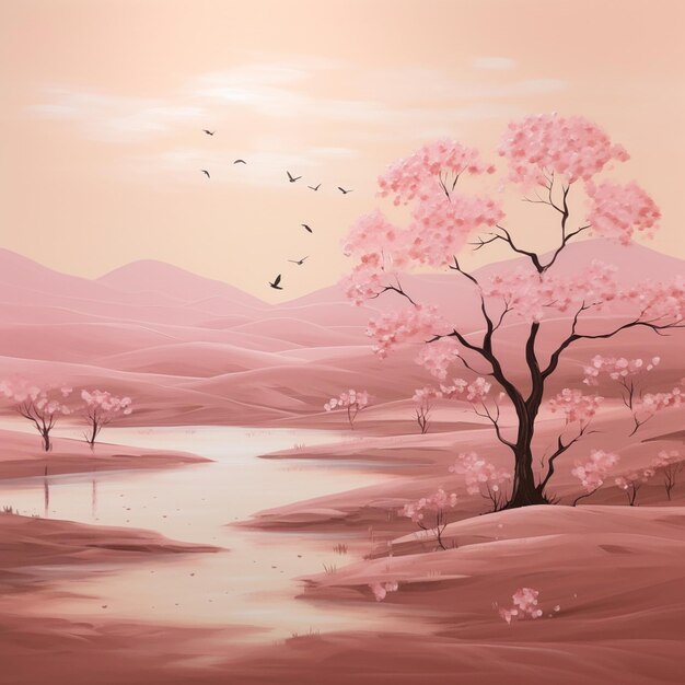 pintura de un paisaje rosado con un río y un árbol generativo ai