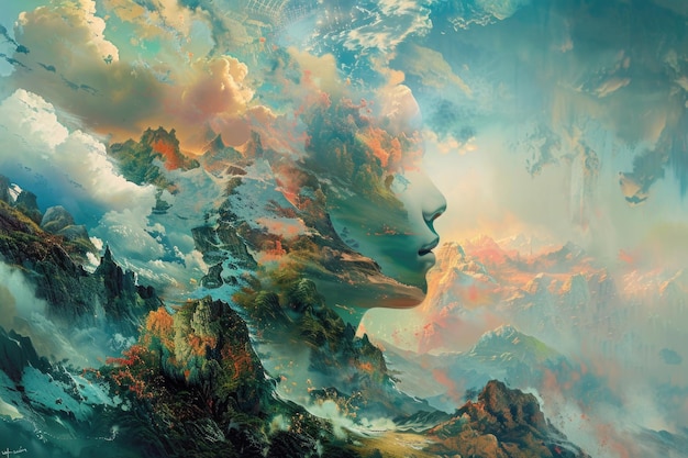 Una pintura de paisaje surrealista que representa la cara de una mujer delicadamente rodeada de nubes esponjosas