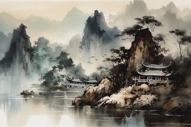 Pintura de paisaje de tinta china al aire libre