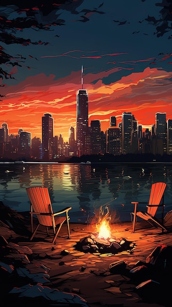 una pintura de un paisaje urbano y un fuego con una vista del horizonte de la ciudad.