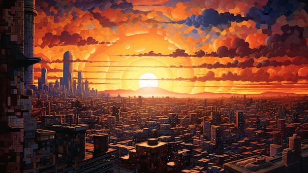 Pintura de un paisaje urbano con una puesta de sol en el fondo