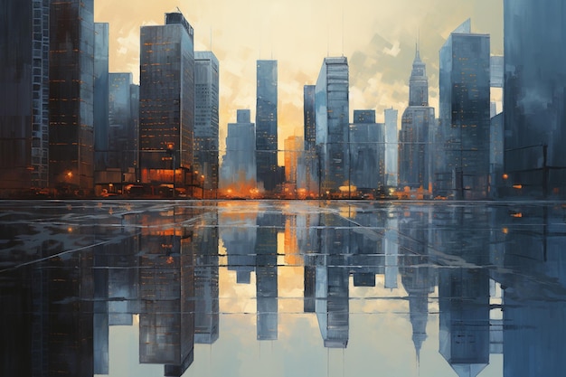pintura de un paisaje urbano con un reflejo de edificios en el agua ai generativo
