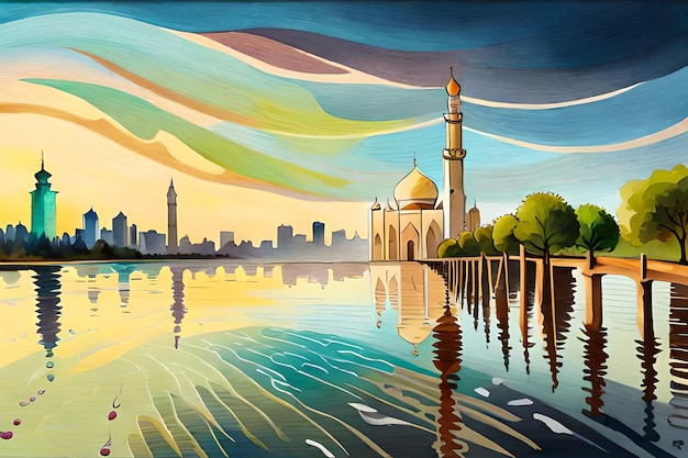 Una pintura de un paisaje urbano con vista al agua de un taj mahal.