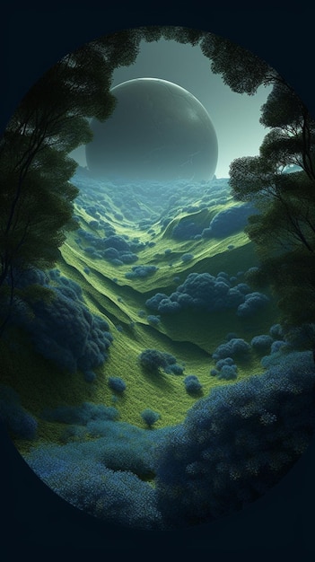 Una pintura de un paisaje verde con un cielo azul y nubes.