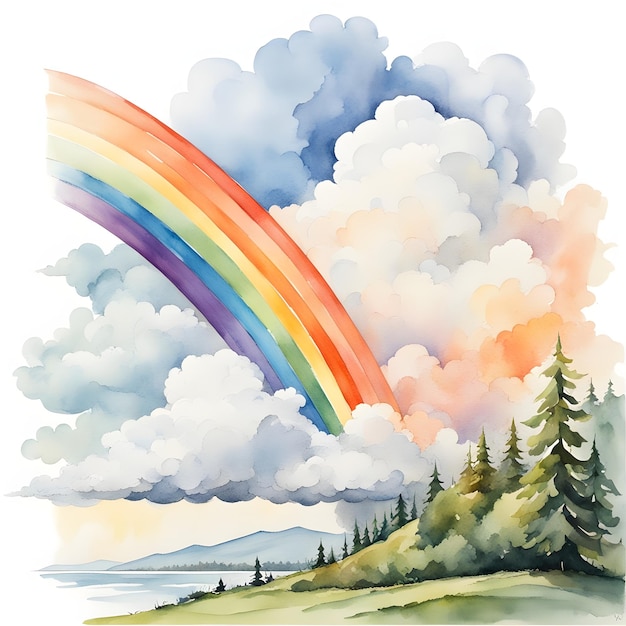 Pintura de paisajes de arco iris y montañas en acuarela para el diseño de ilustraciones de escenas de la temporada de la naturaleza