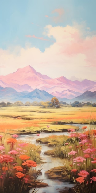 Pintura de paisajes de campos de flores rosadas y montañas