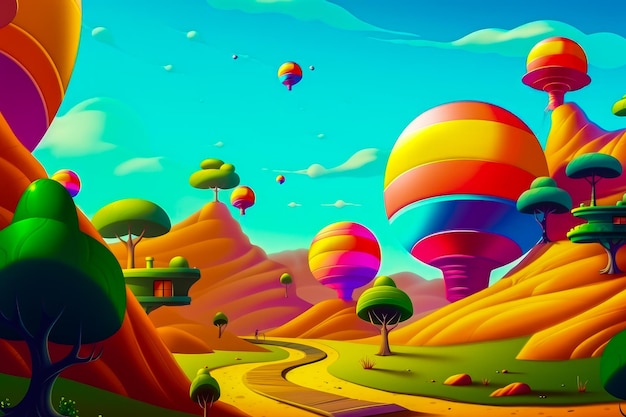 Pintura de paisajes coloridos con globos de aire caliente volando en el cielo IA generativa