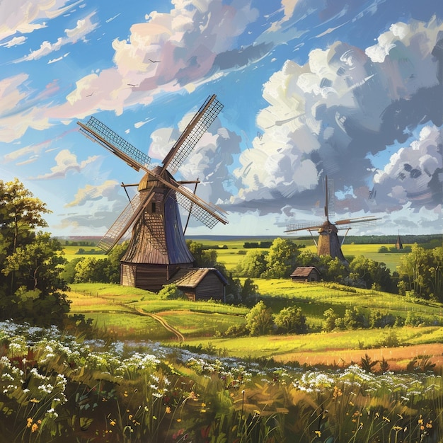 Pintura de paisajes lituanos con molinos de viento en el campo