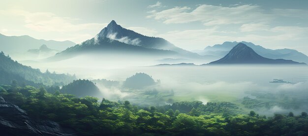 Pintura de paisajes de montaña con niebla