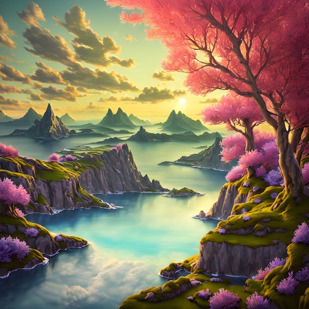 Pintura de paisajes multicolores de cuento de hadas