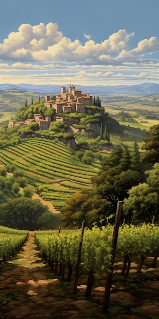 Foto pintura de paisajes de viñedos italianos con estilo de ilustración detallada del castillo