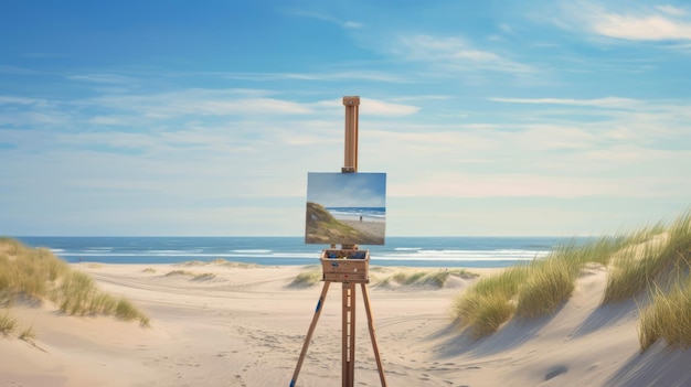 Foto pintura paisajística realista de un caballete en una playa