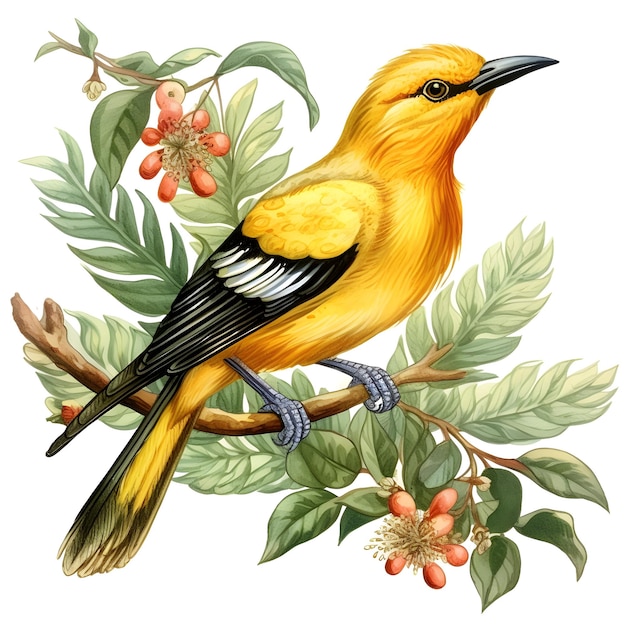 Una pintura de un pájaro con alas amarillas y negras y plumas negras.