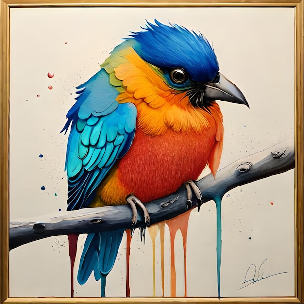 Una pintura de un pájaro con alas azules y amarillas se sienta en una rama.