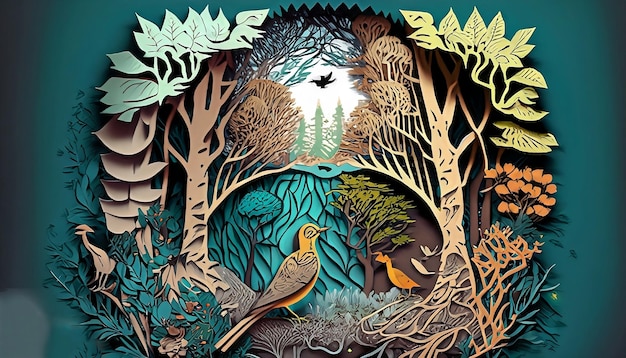 Una pintura de un pájaro y árboles con un pájaro de fondo.