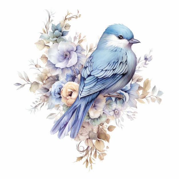 Una pintura de un pájaro azul con un arreglo floral.