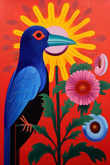una pintura de un pájaro azul con la palabra pájaro en él