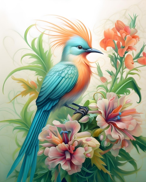 Una pintura de un pájaro azul con plumas naranjas y una flor rosa.