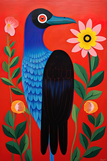 una pintura de un pájaro azul y verde con flores en el fondo