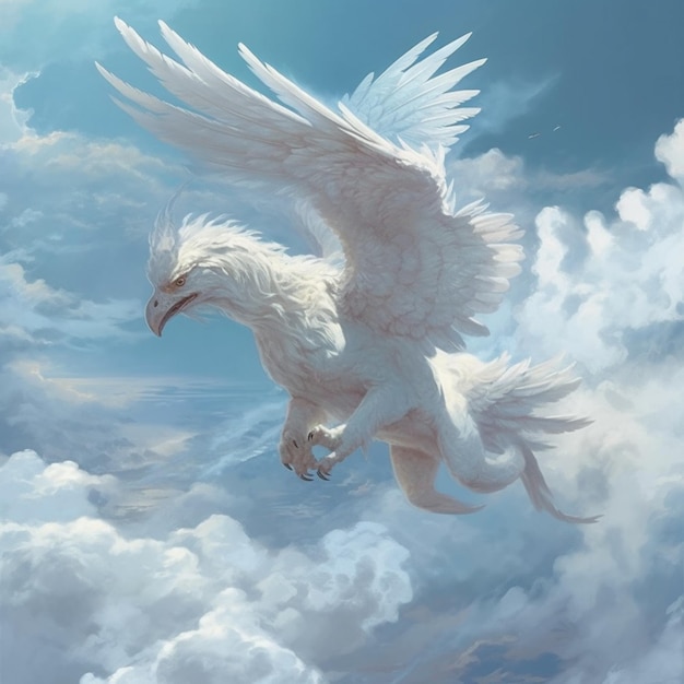 Pintura de un pájaro blanco volando por el cielo con nubes ai generativo.