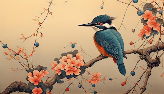 Una pintura de un pájaro con cabeza azul y plumas naranjas se sienta en una rama con flores rosas.