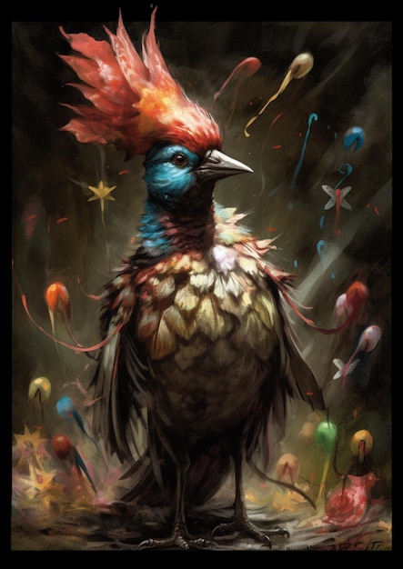 Una pintura de un pájaro con una cabeza azul y roja y una cabeza roja.