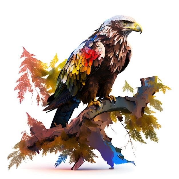 Una pintura de un pájaro con una cola emplumada roja, amarilla y azul se sienta en una rama.