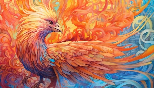 Pintura de un pájaro con una cola naranja brillante y amarilla generativa ai