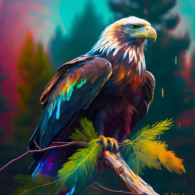 Una pintura de un pájaro con los colores del arcoíris.