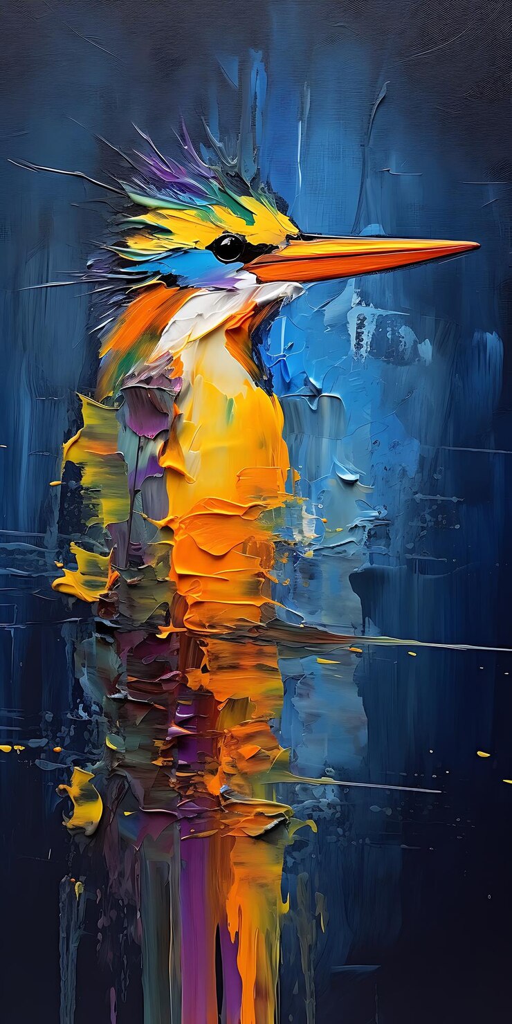 pintura de un pájaro colorido con un pico largo de pie en el agua