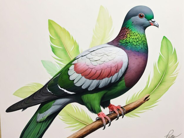 Una pintura de un pájaro colorido posado en una rama