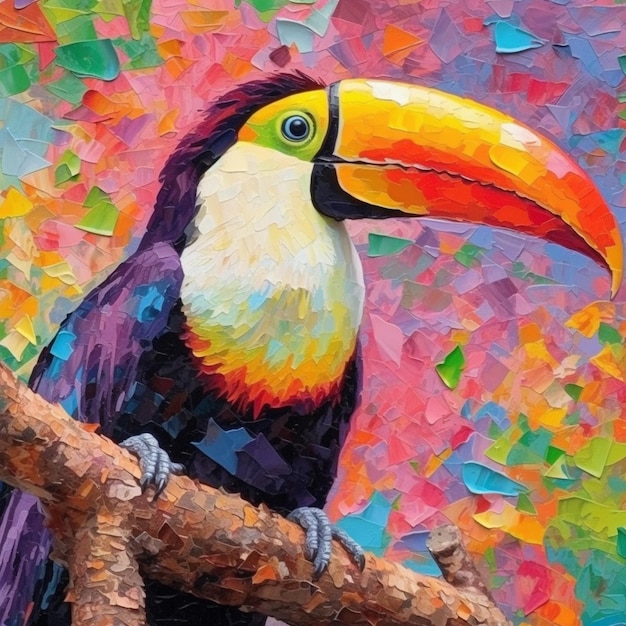 pintura de un pájaro colorido sentado en una rama de un árbol ai generativo