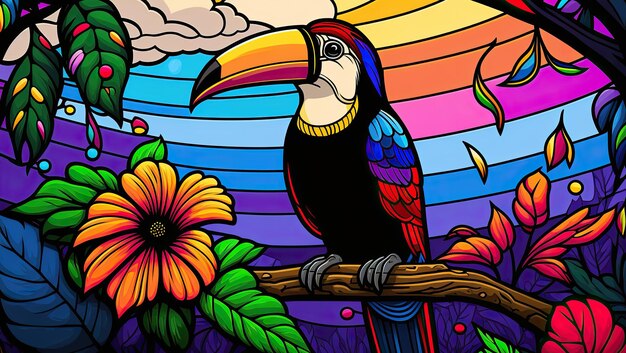 una pintura de un pájaro colorido sentado en una rama de un árbol con flores