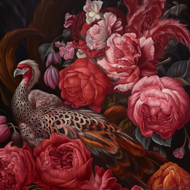 Una pintura de un pájaro y flores con un fondo negro