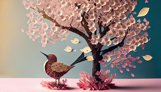 Una pintura de un pájaro y flores con un pájaro en él.