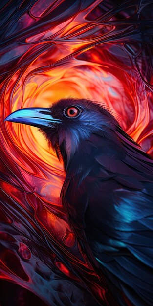 una pintura de un pájaro con un fondo rojo y azul