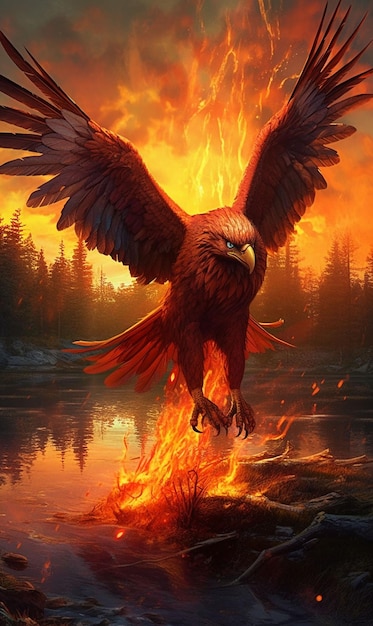 Una pintura de un pájaro de fuego con las alas extendidas.