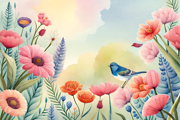 Una pintura de un pájaro en un jardín con flores.