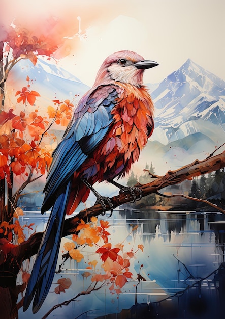 una pintura de un pájaro con una montaña en el fondo