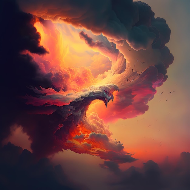 Una pintura de un pájaro en una nube.