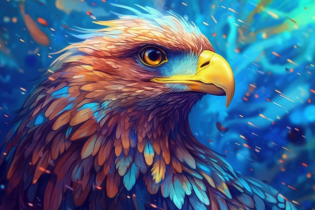 Una pintura de un pájaro con un ojo amarillo y un fondo azul.