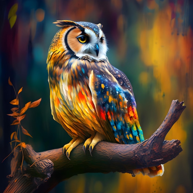 Una pintura de un pájaro con ojos amarillos, azules y naranjas se sienta en una rama.