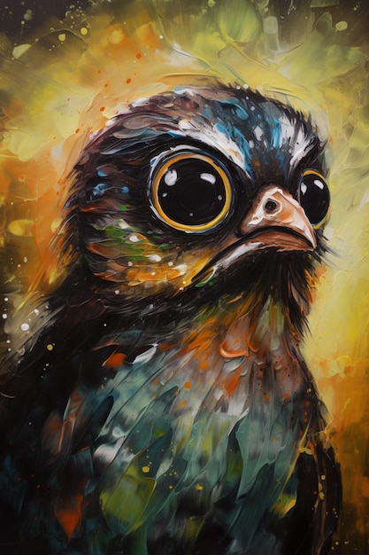 Una pintura de un pájaro con ojos grandes.