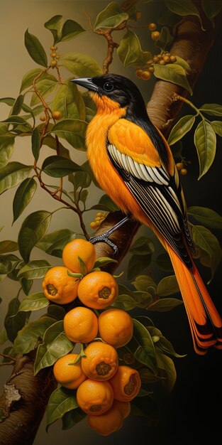 una pintura de un pájaro con plumas naranjas y negras